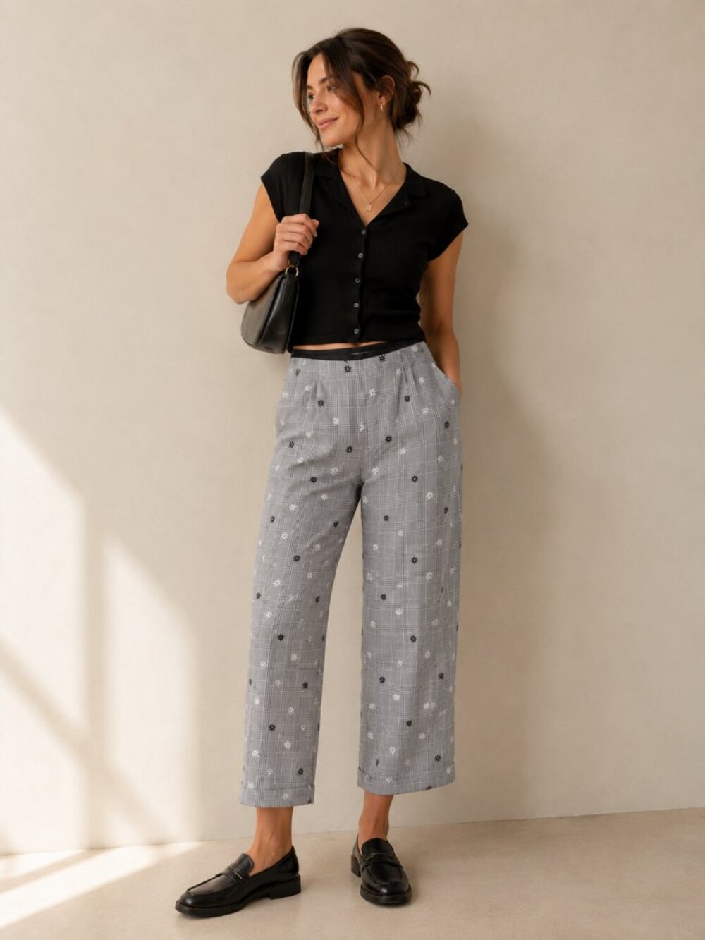 Vintage 90s Embroidered Daisy Gingham Cropped Pants Preppy Cool Girl